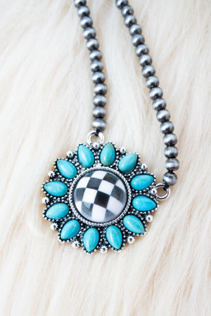 Shiny Luxe Turquoise Canyon Check Silver Pearl Necklace - Wholesale Accessory Market