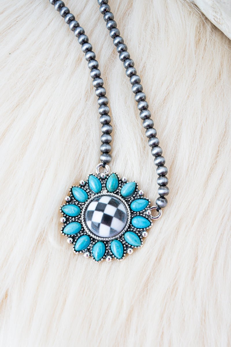 Shiny Luxe Turquoise Canyon Check Silver Pearl Necklace - Wholesale Accessory Market