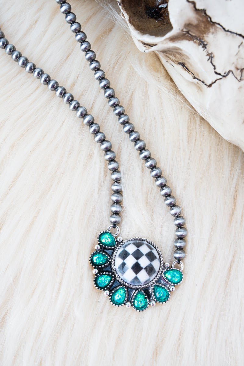 Shiny Luxe Turquoise Rodeo Check Silver Pearl Necklace - Wholesale Accessory Market