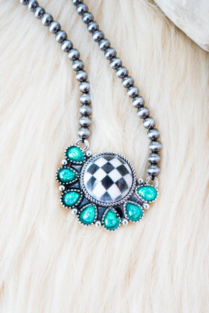Shiny Luxe Turquoise Rodeo Check Silver Pearl Necklace - Wholesale Accessory Market