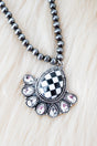 Shiny Luxe Clear Rodeo Check Teardrop Silver Pearl Necklace - Wholesale Accessory Market
