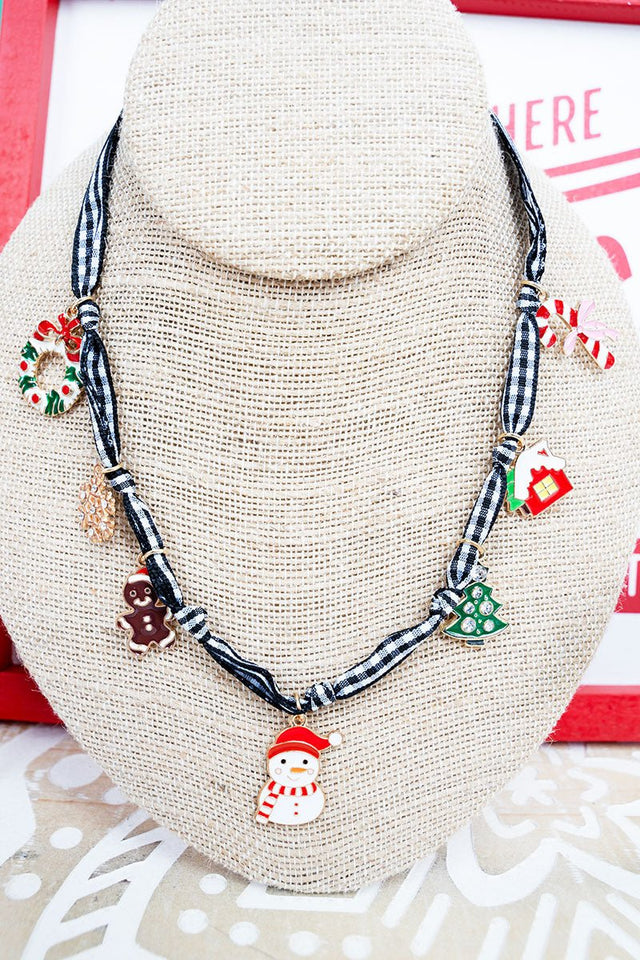 Shiny Luxe Holiday Hits Black Check Fabric Charm Necklace - Wholesale Accessory Market