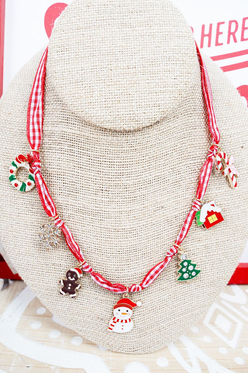 Shiny Luxe Holiday Hits Red Check Fabric Charm Necklace - Wholesale Accessory Market