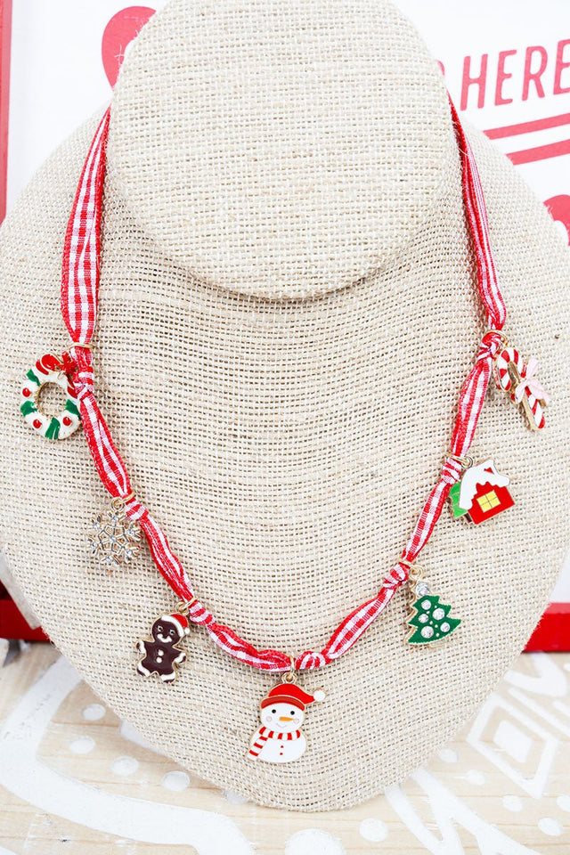 Shiny Luxe Holiday Hits Red Check Fabric Charm Necklace - Wholesale Accessory Market
