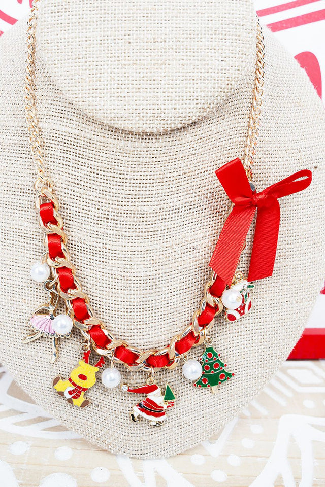 Shiny Luxe Santa's Favorites Red Ribboned Chain Charm Necklace - Wholesale Accessory Market