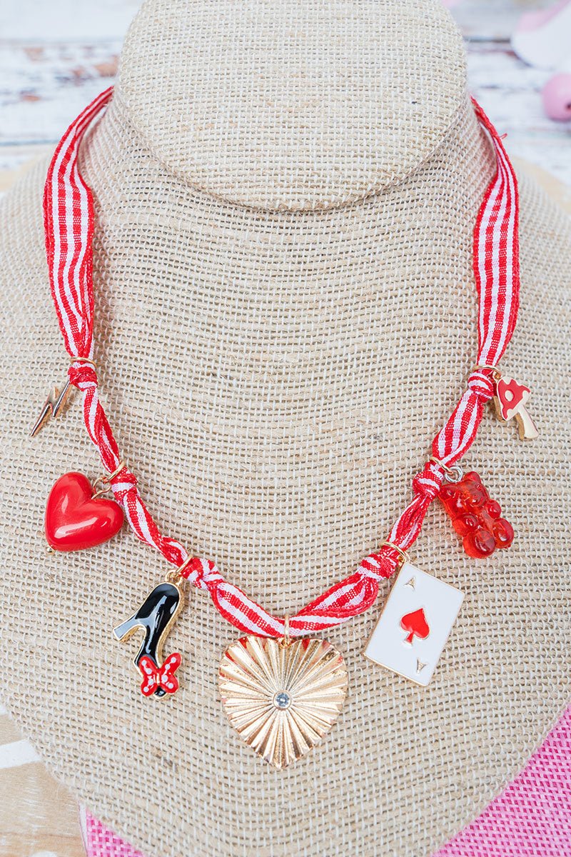 Shiny Luxe Heartbreaker Chic Red Check Fabric Charm Necklace - Wholesale Accessory Market