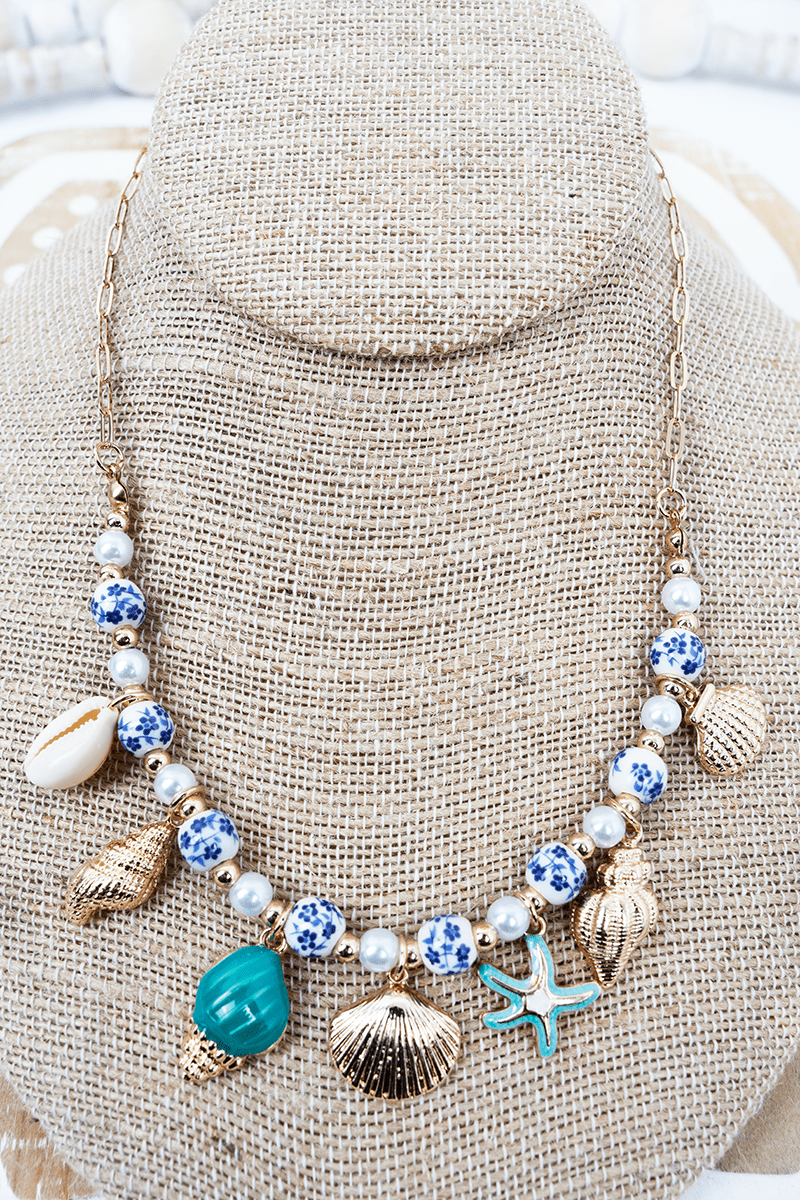 Shiny Luxe Blue Coastal Keepsake Goldtone Charm Necklace - Wholesale Accessory Market
