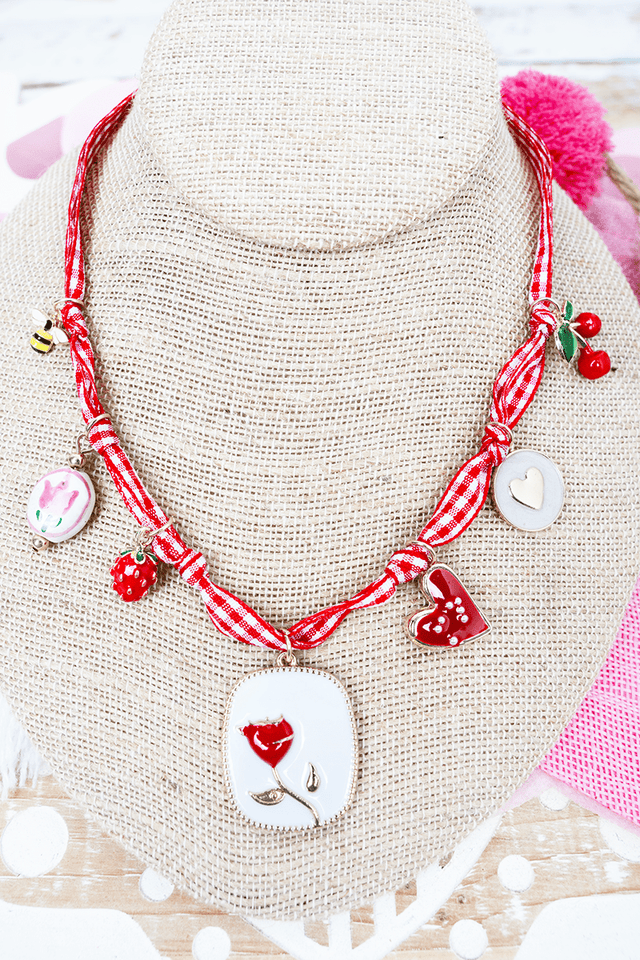 Shiny Luxe Modern Romance Red Check Fabric Charm Necklace - Wholesale Accessory Market