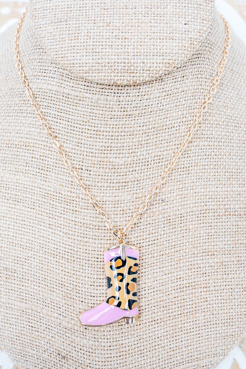 Shiny Luxe Pink Lola Leopard Boots Goldtone Necklace - Wholesale Accessory Market