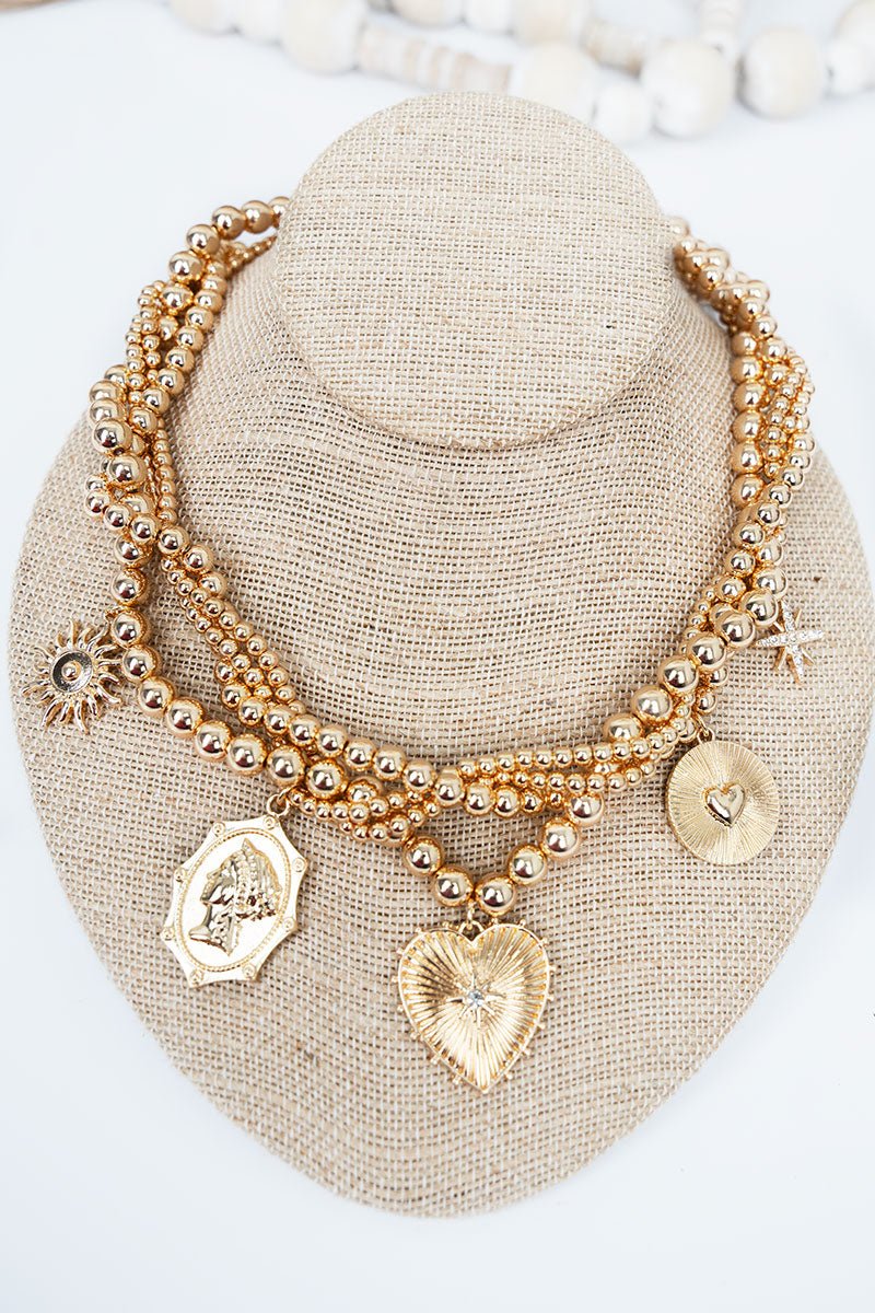 Shiny Luxe Layered Legacy Goldtone Beaded Charm Necklace - Wholesale Accessory Market