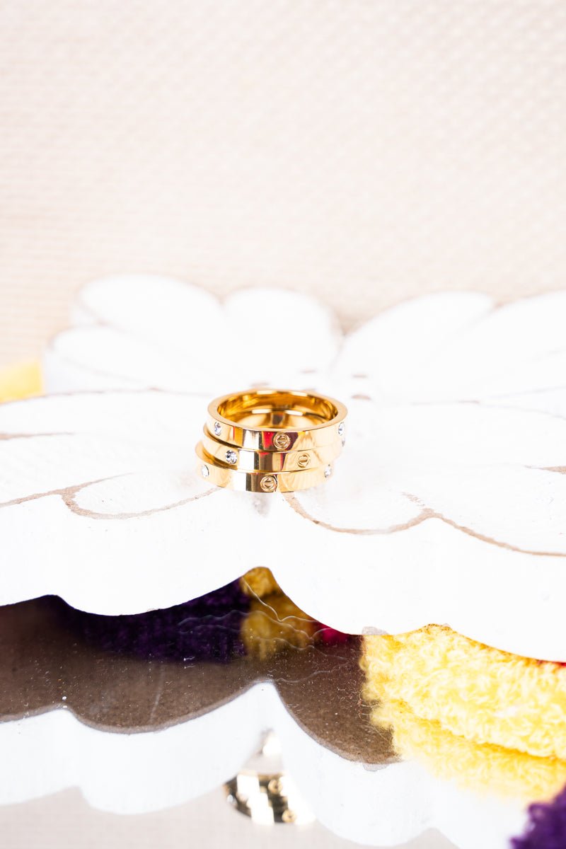 Viola Goldtone and Crystal Band 3 Ring Set *Choose Your Size - Wholesale Accessory Market