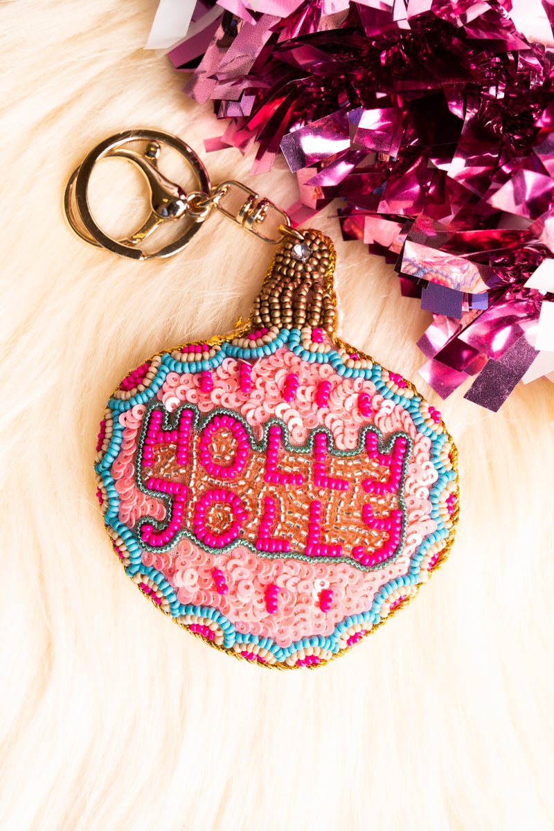Pink Holly Jolly Seed Bead Keychain | Wholesale Accessory Market