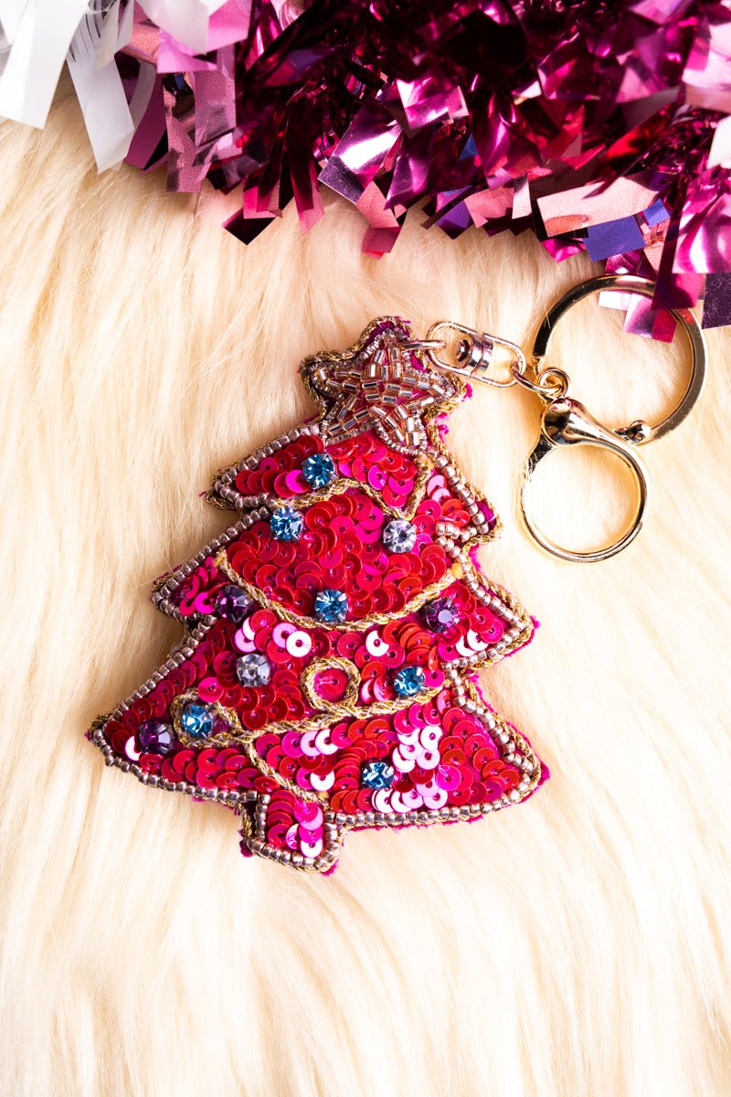 Pink Sequin Christmas Tree Keychain
