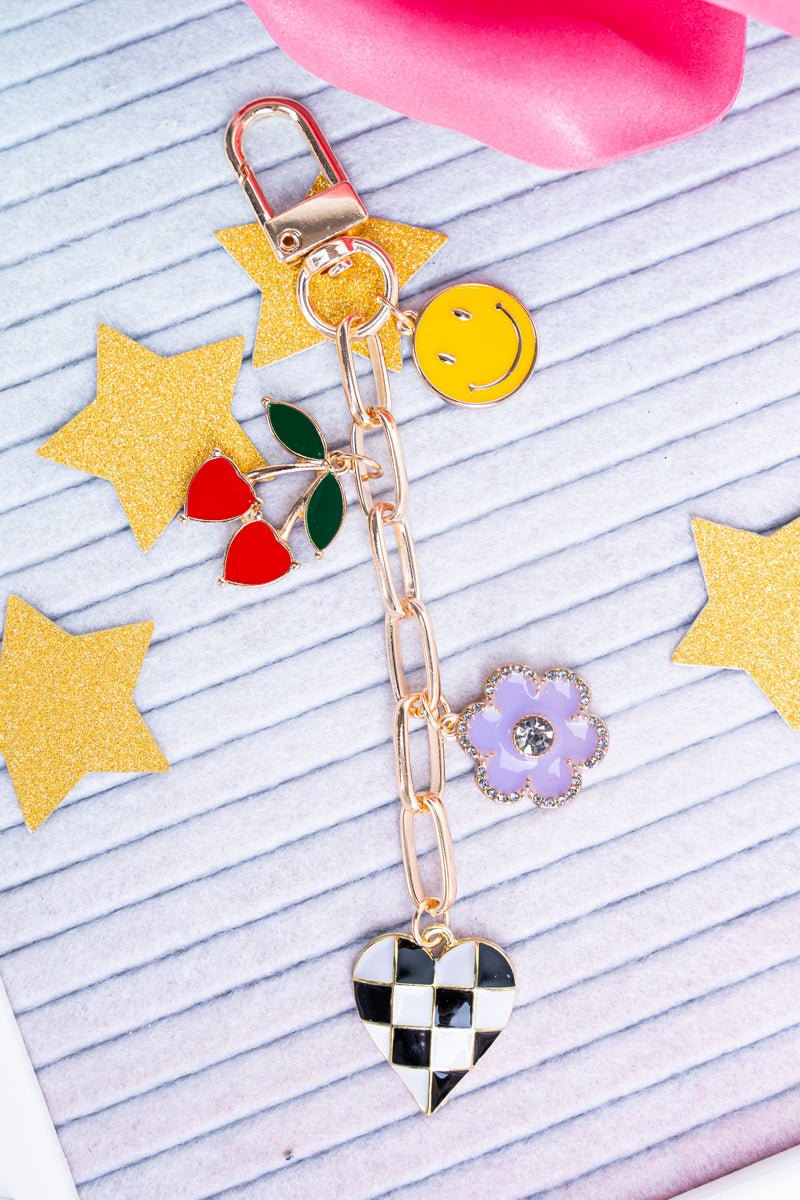 Viola Checkered Heart & Cherry Bag Charms - Wholesale Accessory Market