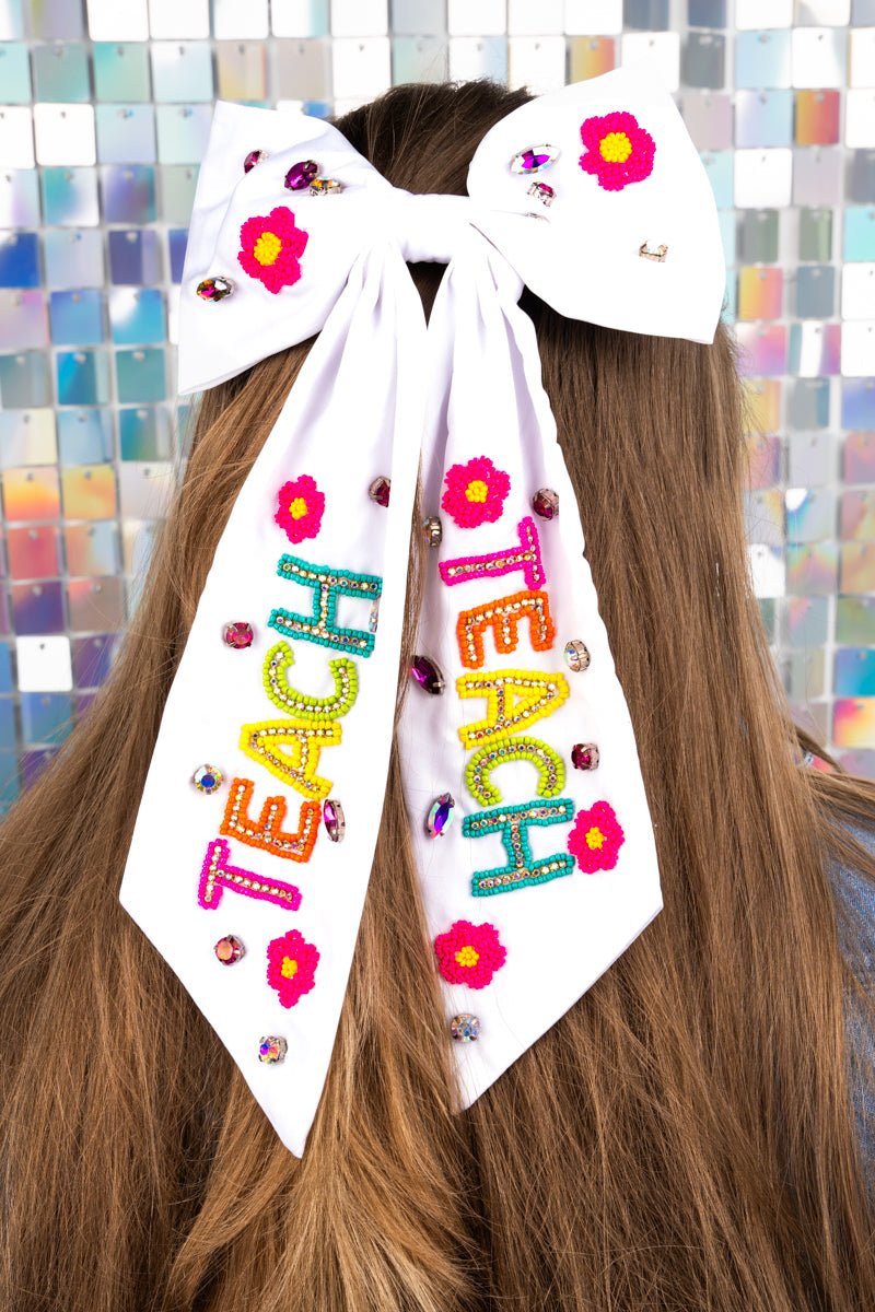 Viola Colorful 'Teach' White Hair Bow Barrette - Wholesale Accessory Market
