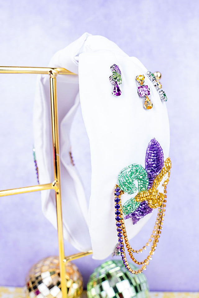 Viola Mardi Gras White Sequin Rhinestone Knotted Headband - Wholesale Accessory Market