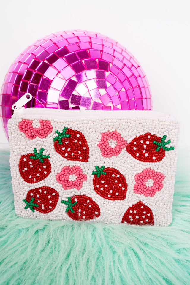 Viola Strawberry Patch White Seed Bead Coin Purse - Wholesale Accessory Market