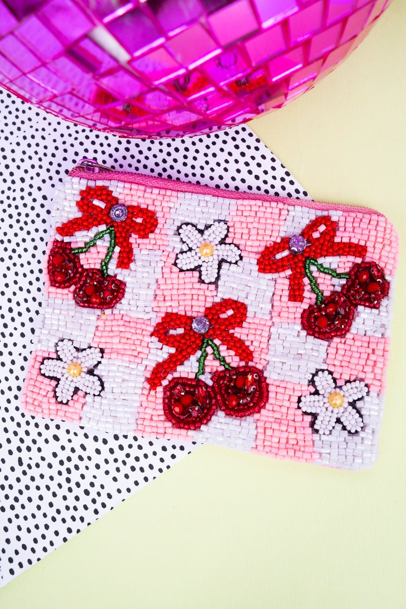 Viola Pink Checkmate Cherries Seed Bead Coin Purse - Wholesale Accessory Market