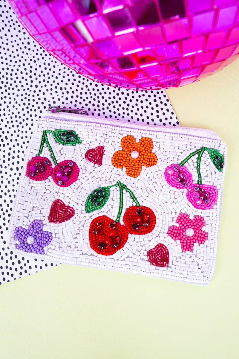 Viola Cherry Bloom White Seed Bead Coin Purse - Wholesale Accessory Market
