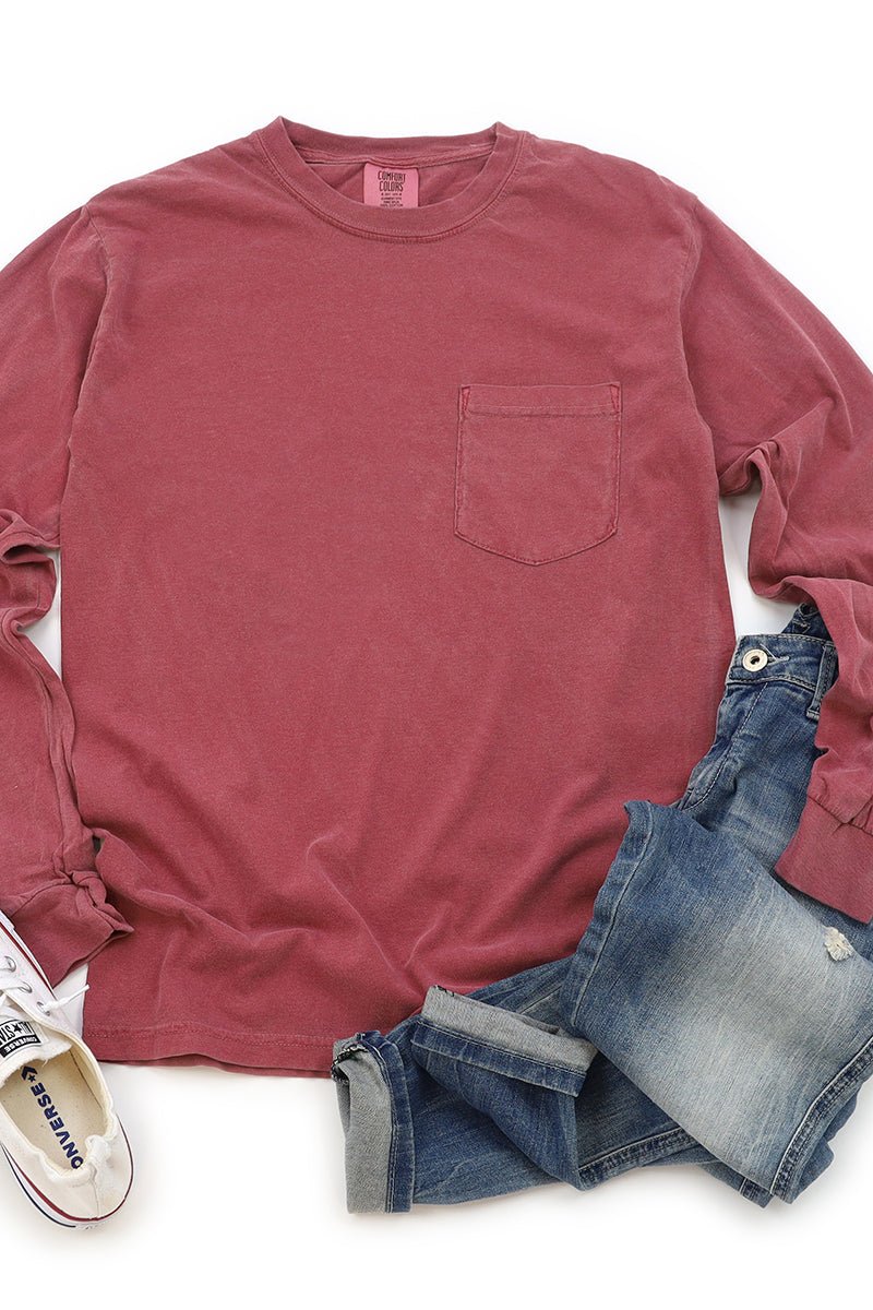 Shades of Red/Orange Comfort Colors Long Sleeve Pocket Tee - Wholesale Accessory Market