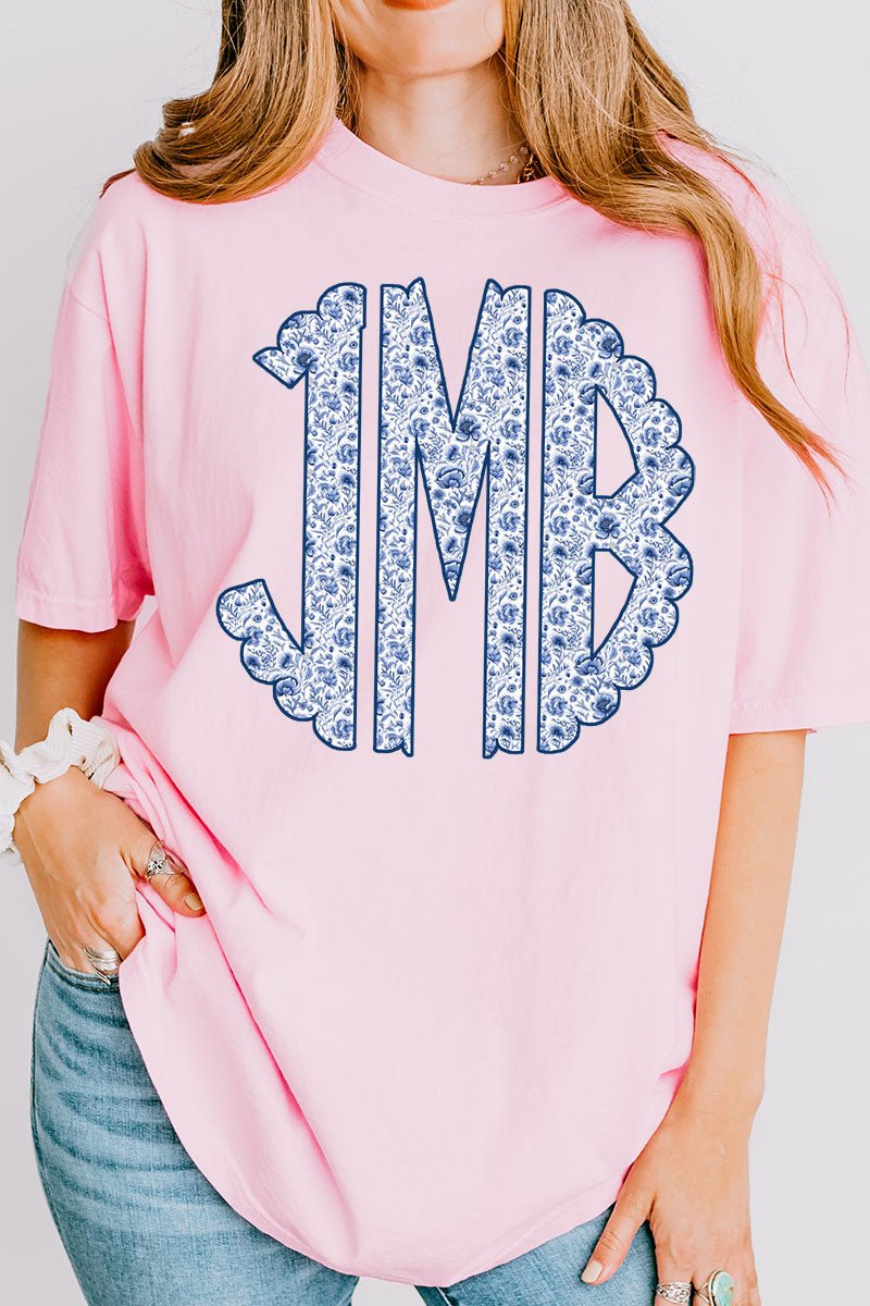 Blue Chinoiserie 3 Letter Monogram Comfort Colors Adult Ring - Spun Cotton Tee - Wholesale Accessory Market