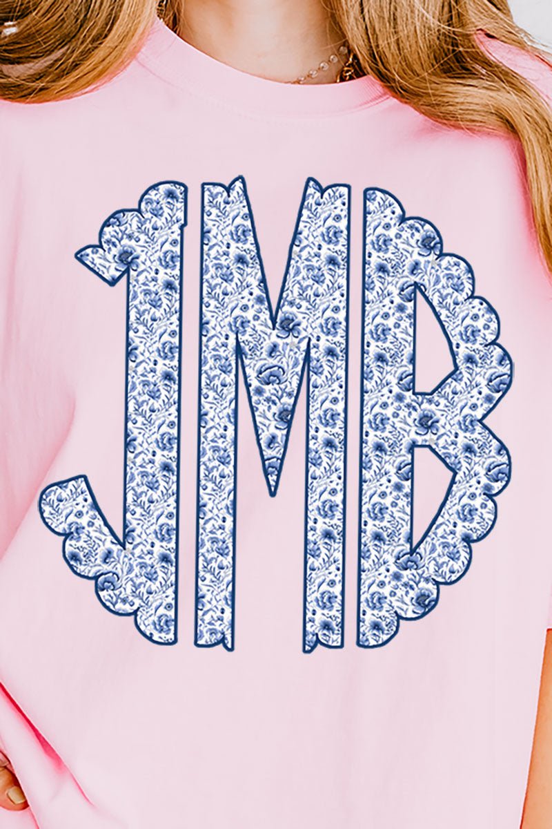 Blue Chinoiserie 3 Letter Monogram Comfort Colors Adult Ring - Spun Cotton Tee - Wholesale Accessory Market