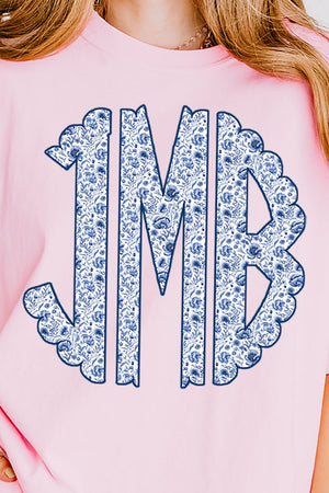 Blue Chinoiserie 3 Letter Monogram Comfort Colors Adult Ring - Spun Cotton Tee - Wholesale Accessory Market
