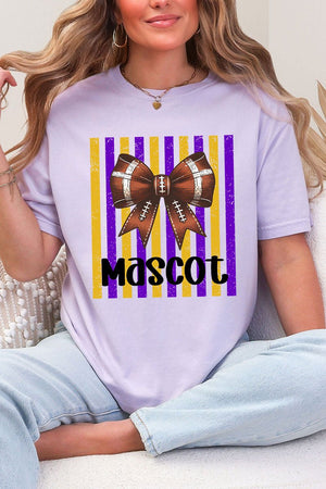 Personalized Purple & Yellow Gold Varsity Bow Comfort Colors Adult Ring-Spun Cotton Tee *Enter Mascot Name - Wholesale Accessory Market