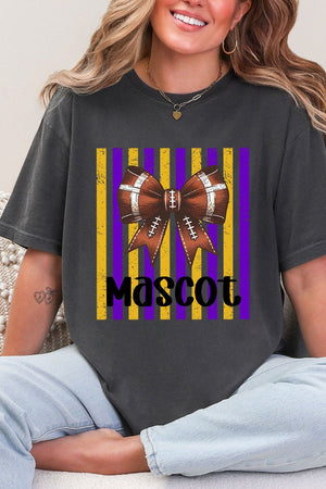 Personalized Purple & Yellow Gold Varsity Bow Comfort Colors Adult Ring-Spun Cotton Tee *Enter Mascot Name - Wholesale Accessory Market