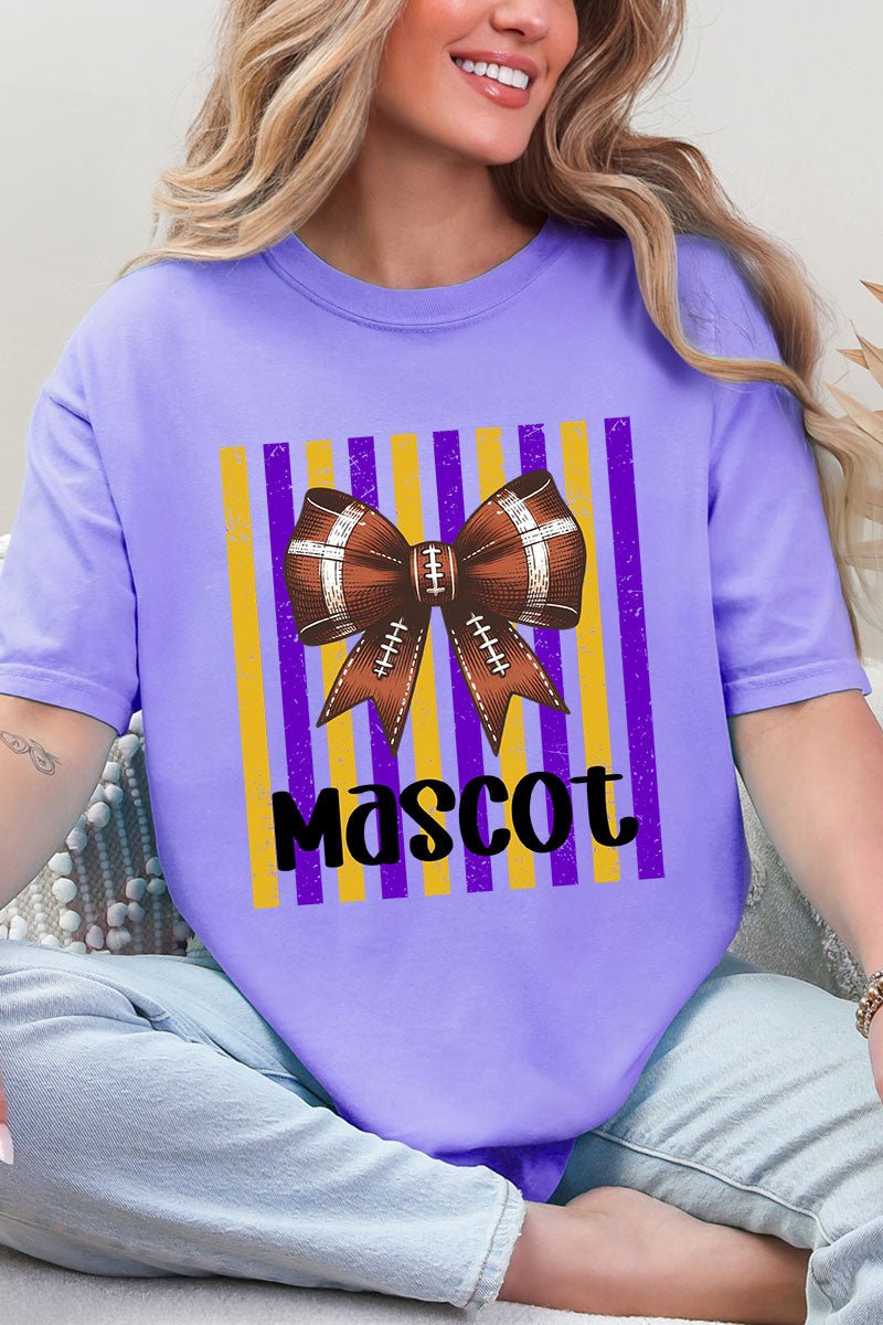 Personalized Purple & Yellow Gold Varsity Bow Comfort Colors Adult Ring-Spun Cotton Tee *Enter Mascot Name - Wholesale Accessory Market
