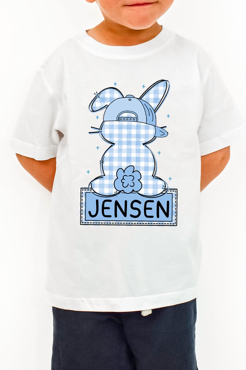 Toddler Personalized Blue Gingham Bunny Fine Jersey Tee *Personalize Your Name - Wholesale Accessory Market