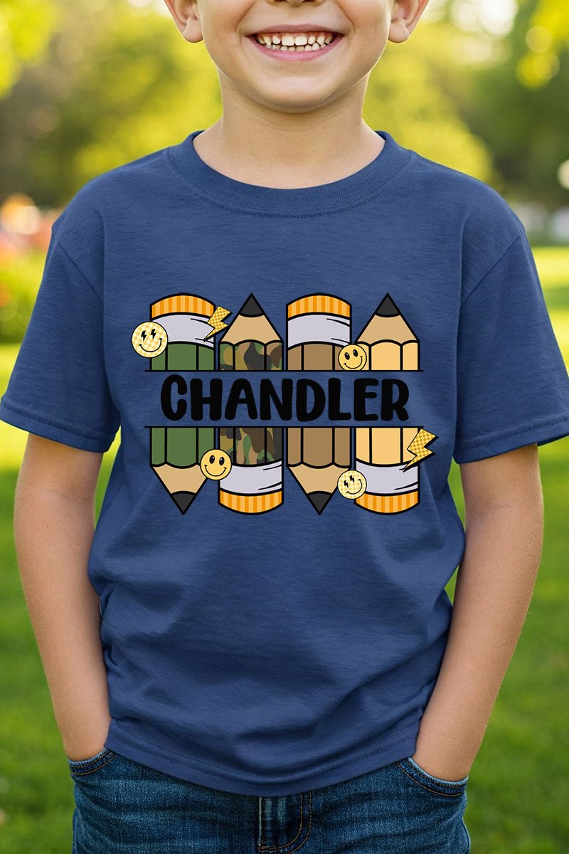 Youth Personalized Camo Pencil Pack Short Sleeve Relaxed Fit T-Shirt *Enter Kid's Name - Wholesale Accessory Market
