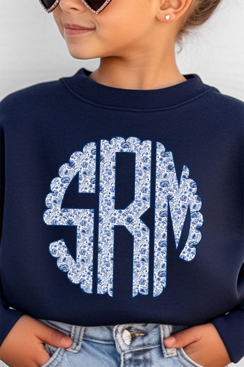 Youth Blue Chinoiserie 3 Letter Monogram Crew Sweatshirt - Wholesale Accessory Market