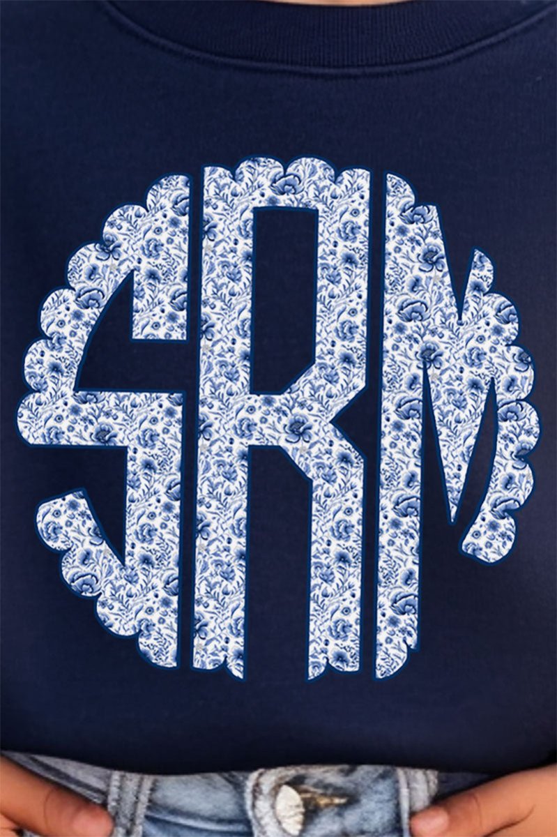 Youth Blue Chinoiserie 3 Letter Monogram Crew Sweatshirt - Wholesale Accessory Market