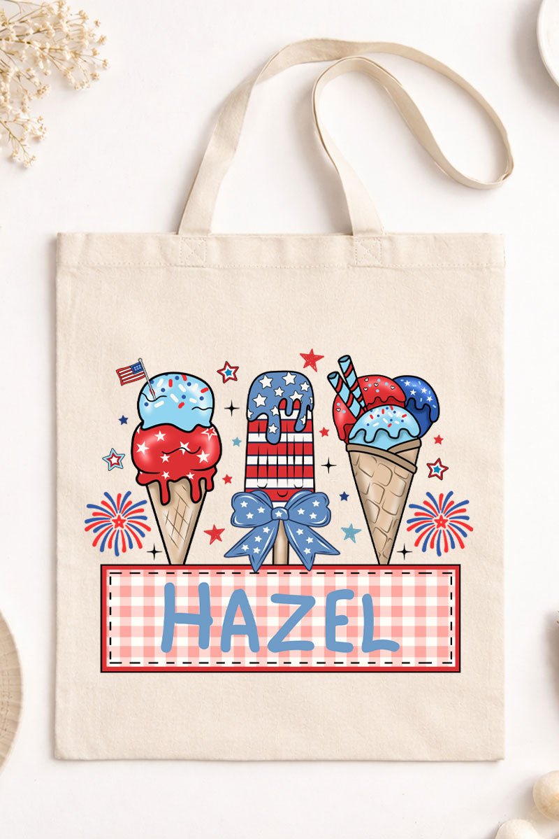 Personalized Patriotic Popsicles Pink Gingham Medium Canvas Tote *Personalize Your Name - Wholesale Accessory Market