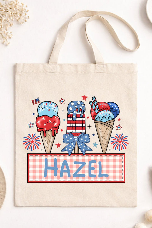Personalized Patriotic Popsicles Pink Gingham Medium Canvas Tote *Personalize Your Name - Wholesale Accessory Market