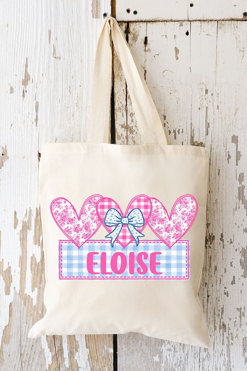 Personalized Pink & Gingham Hearts Medium Canvas Tote *Personalize Your Name - Wholesale Accessory Market