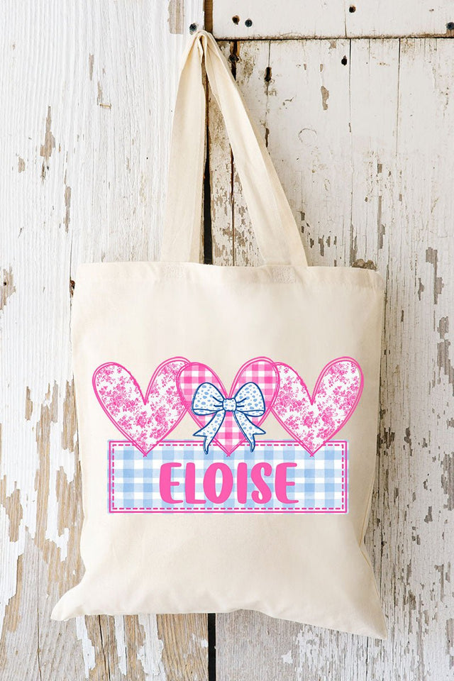 Personalized Pink & Gingham Hearts Medium Canvas Tote *Personalize Your Name - Wholesale Accessory Market