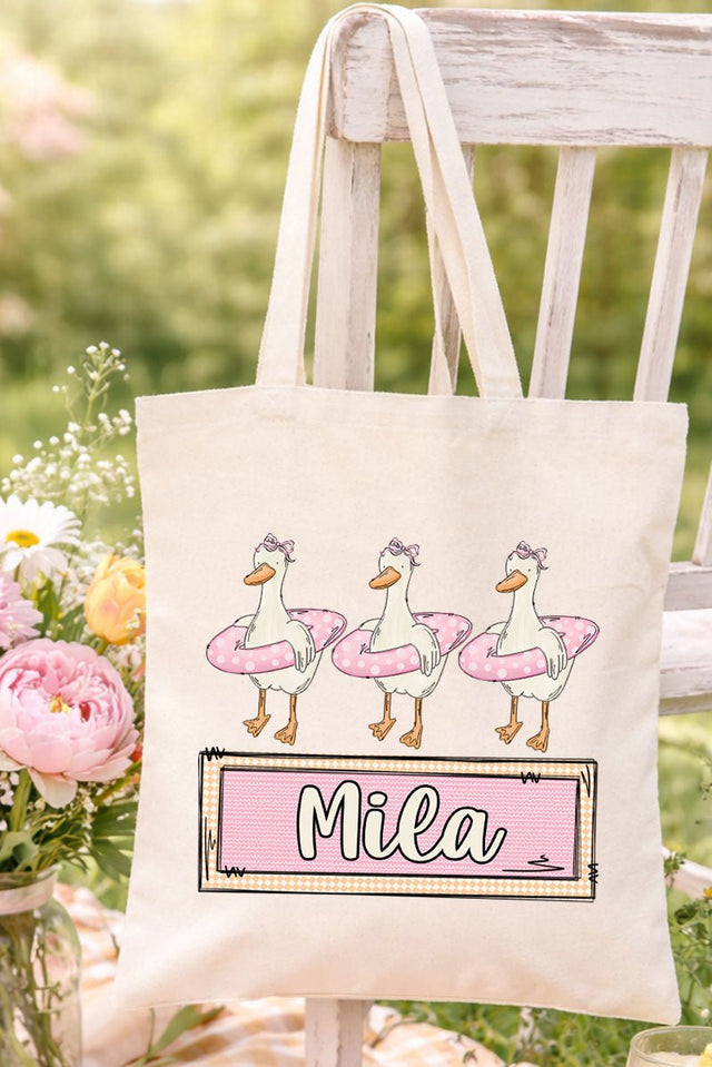 Personalized Pink Summer Geese Small Canvas Tote *Personalize Your Name - Wholesale Accessory Market