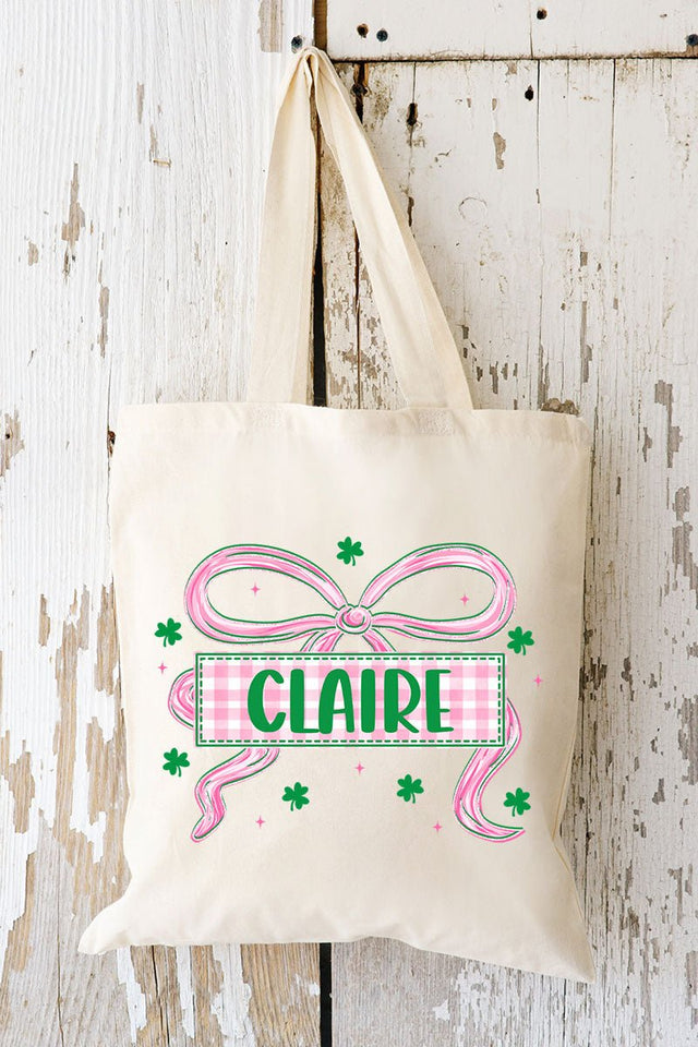 Personalized Preppy Pink Shamrock Medium Canvas Tote *Personalize Your Name - Wholesale Accessory Market