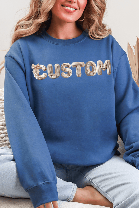 White Faux Knitted Custom Name Ecosmart Crewneck Sweatshirt - Wholesale Accessory Market