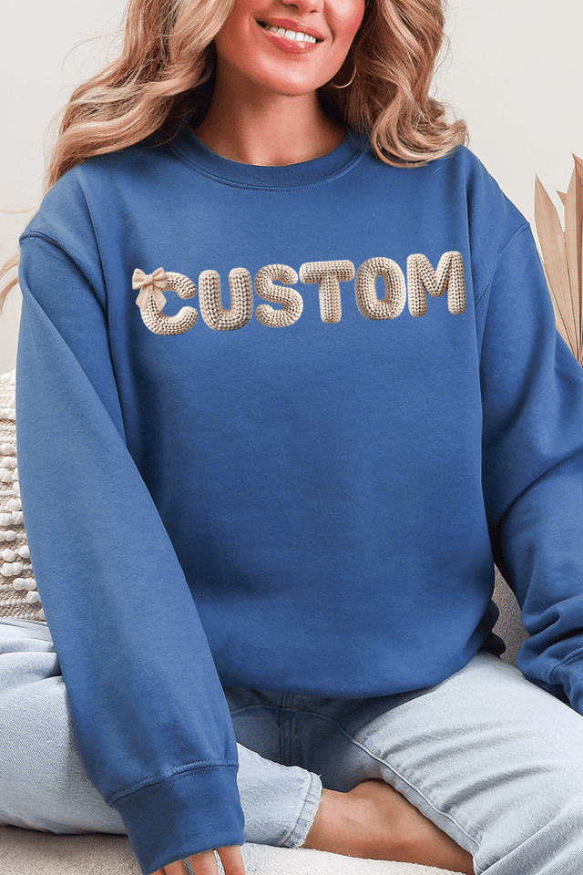 White Faux Knitted Custom Name Ecosmart Crewneck Sweatshirt - Wholesale Accessory Market