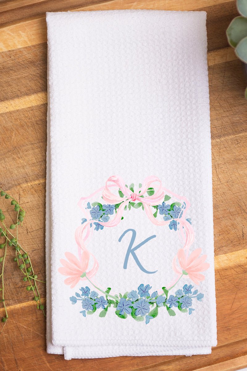 Personalized Preppy Blue Floral Crest Waffle Kitchen Towel *Choose Your Initial - Wholesale Accessory Market