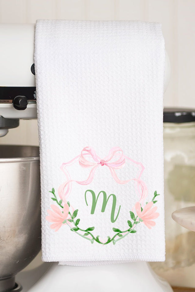 Personalized Preppy Floral Crest Waffle Kitchen Towel *Choose Your Initial - Wholesale Accessory Market