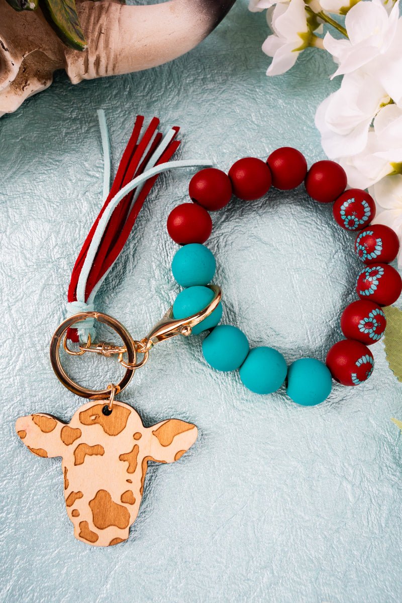 Red & Turquoise Cowgirl Mooves Beaded Bracelet Keychain - Wholesale Accessory Market