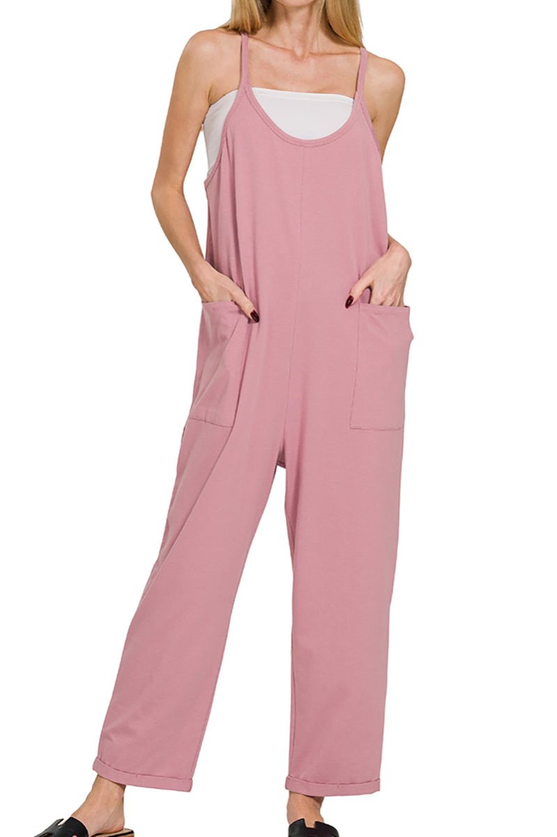 Zenana The Fun Side Light Rose Spaghetti Strap Pocket Jumpsuit - Wholesale Accessory Market