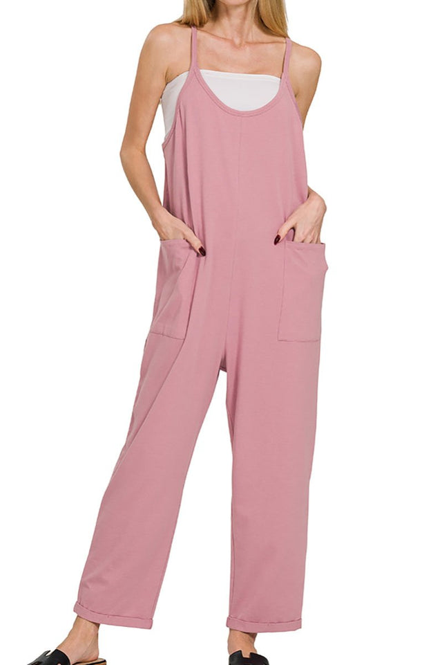 Zenana The Fun Side Light Rose Spaghetti Strap Pocket Jumpsuit - Wholesale Accessory Market