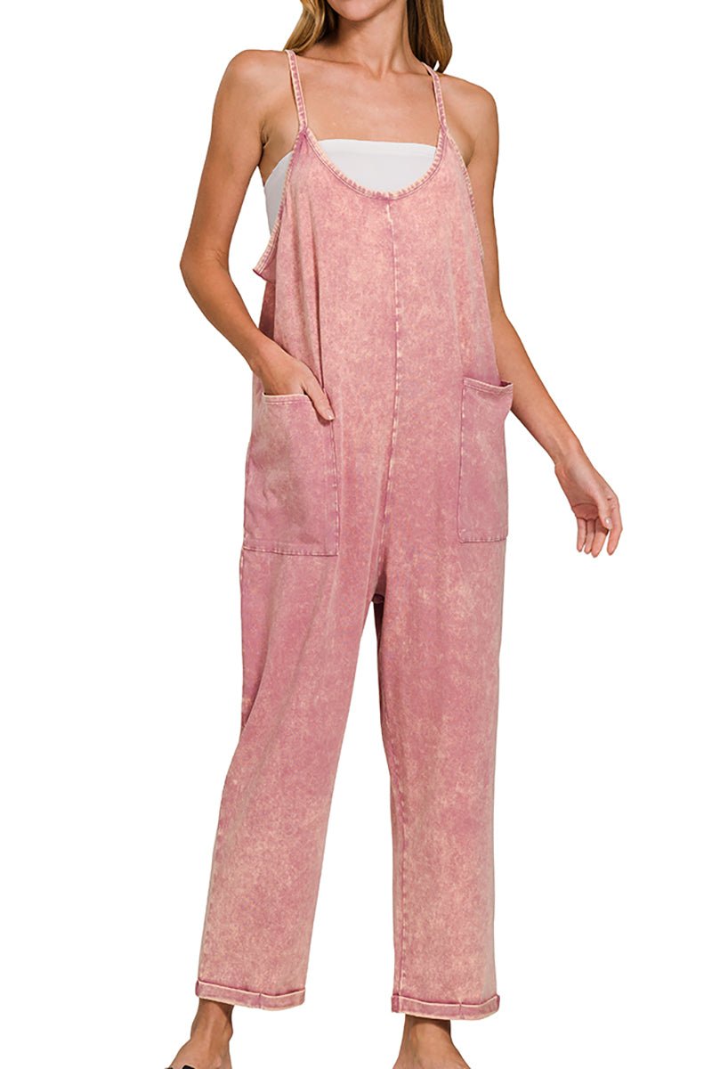 Zenana Urban Oasis Light Rose Spaghetti Strap Pocket Jumpsuit - Wholesale Accessory Market