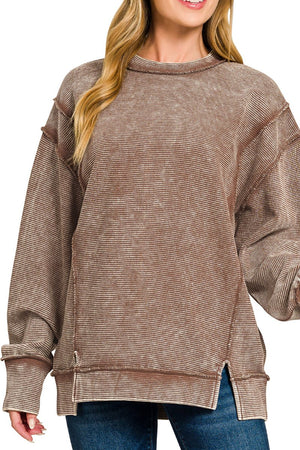 Zenana Autumn Afternoons Brown Acid Wash Ribbed Pullover - Wholesale Accessory Market