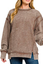 Zenana Autumn Afternoons Brown Acid Wash Ribbed Pullover - Wholesale Accessory Market